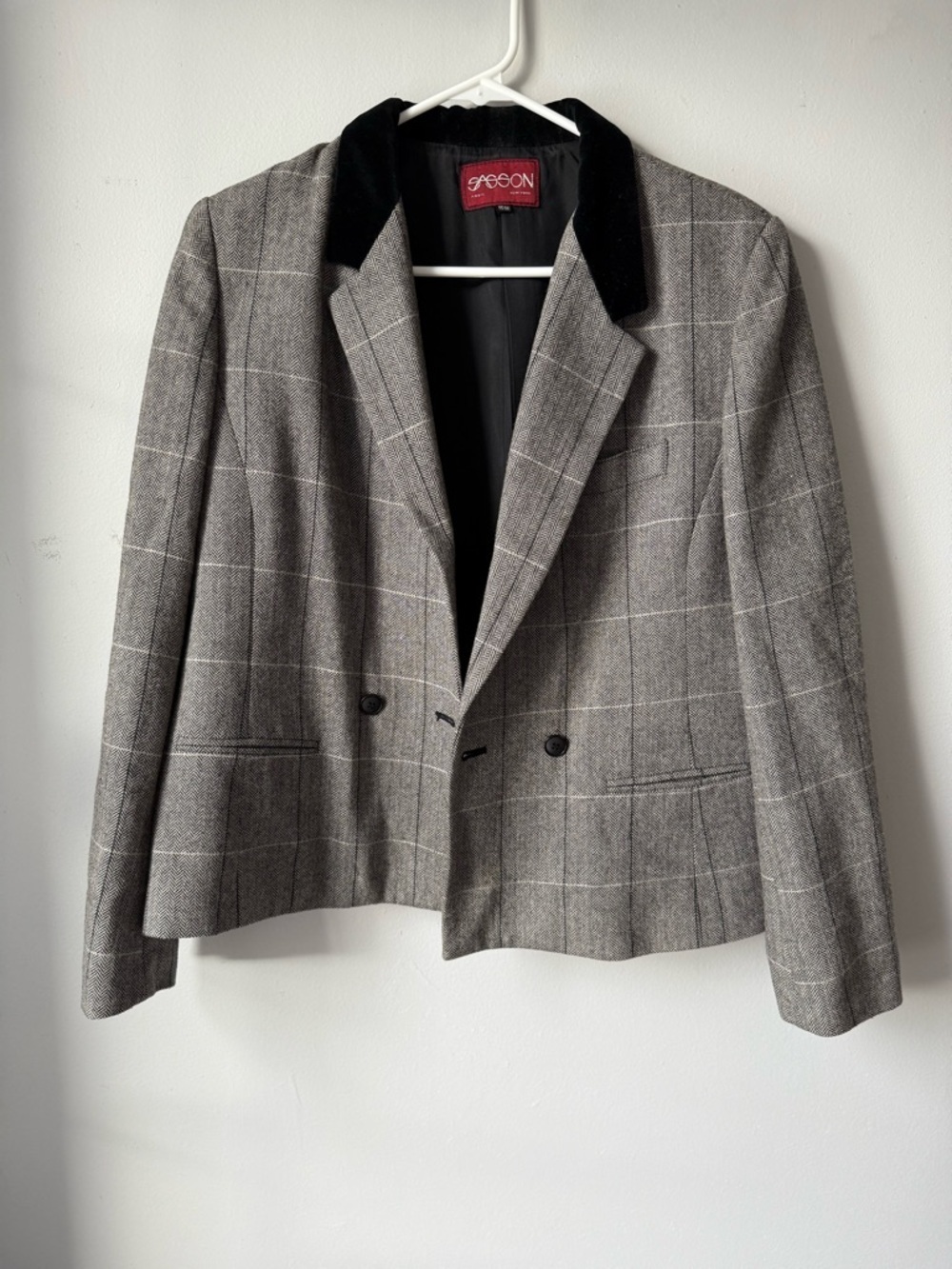 VTG SASSON Blazer Jacket Black White Chevron Pattern Button Up Size 12 13 S M